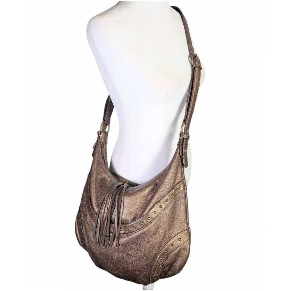 Vintage Y2K RED brand Bronze Metallic leather studded hobo tassel crossbody bag